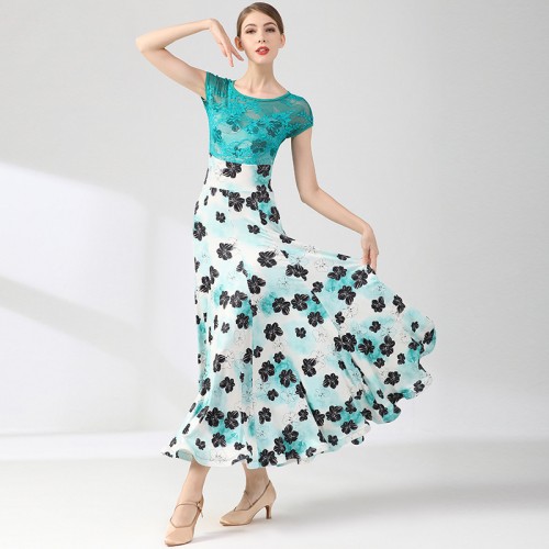 Turquoise blue lace flowers ballroom dance dresses for women girls waltz tango smooth foxtrot dance dresses ballroom dance skirt for ladies